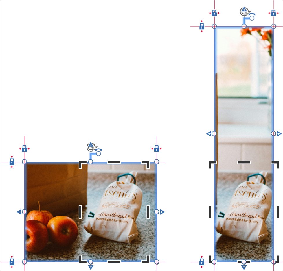 Two different crops of an image of groceries. In both crops, the bag of cookies is in focus because it's inside the crop region.